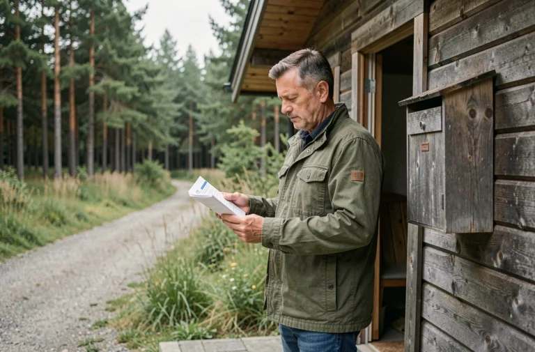 Homme tenant du courrier devant un chalet sur un terrain de loisir non constructible