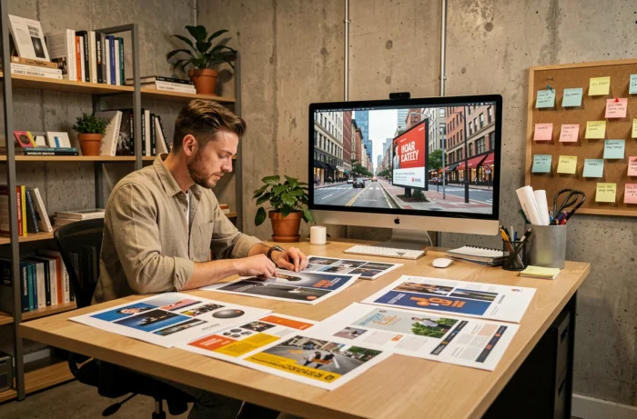 Grafisch ontwerper die werkt aan ontwerpen voor reclameborden in een modern creatief studio