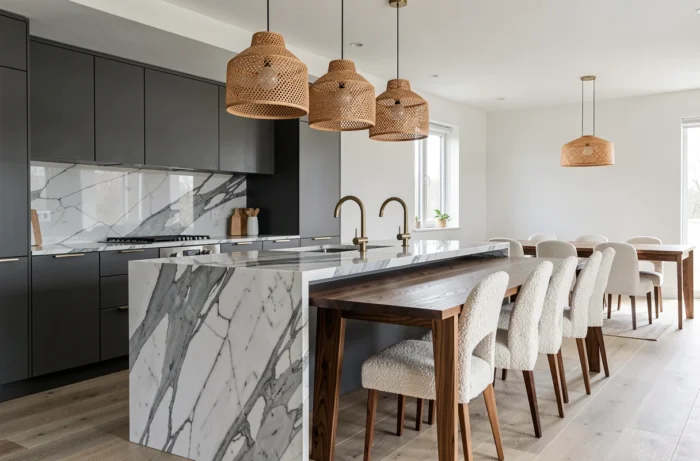 Cuisine contemporaine ouverte avec armoires anthracite, îlot en marbre Calacatta et chaises en bouclé autour d'une table en noyer massif