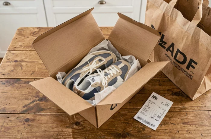 Déballage de sneakers commandées en ligne avec boîte à chaussures et reçu de livraison sur une table en bois
