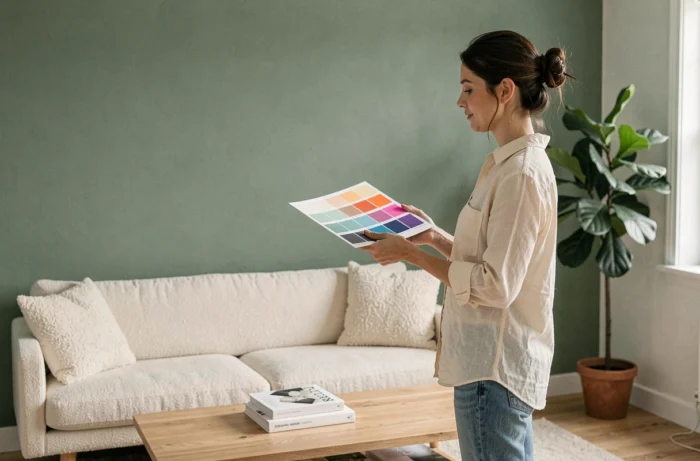 Femme tenant une palette de couleurs devant un mur vert sauge dans un salon scandinave décoré avec soin