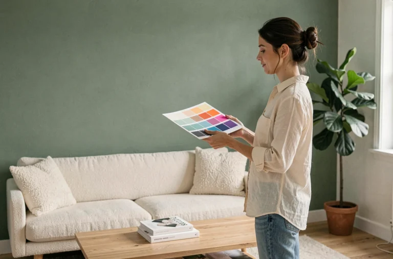 Femme tenant une palette de couleurs devant un mur vert sauge dans un salon scandinave décoré avec soin
