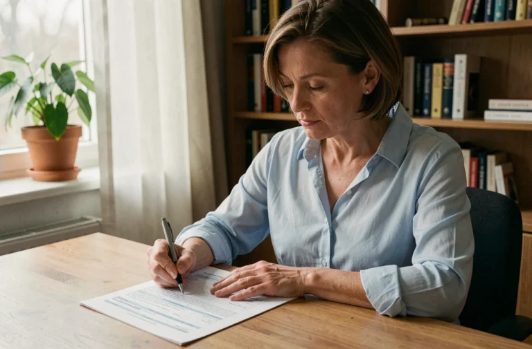 Femme remplissant un formulaire de demande de carte européenne d'assurance maladie à son bureau à domicile