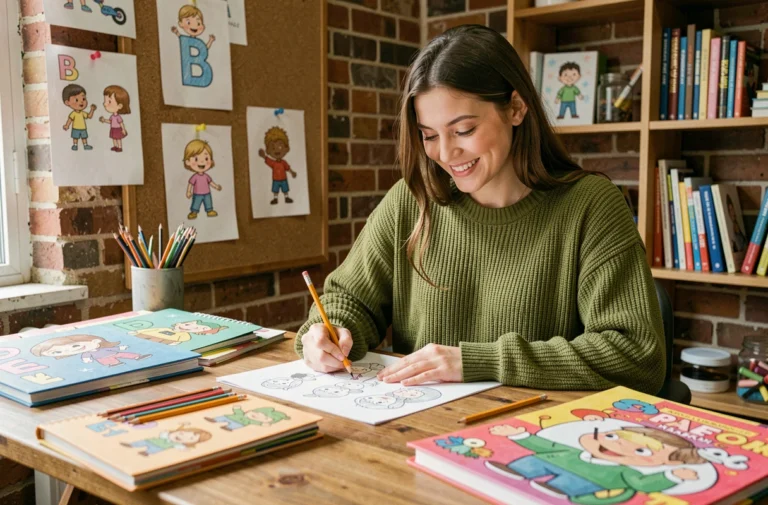 Jeune femme dessinatrice créant des personnages de dessin animé commençant par la lettre B dans un studio artistique chaleureux