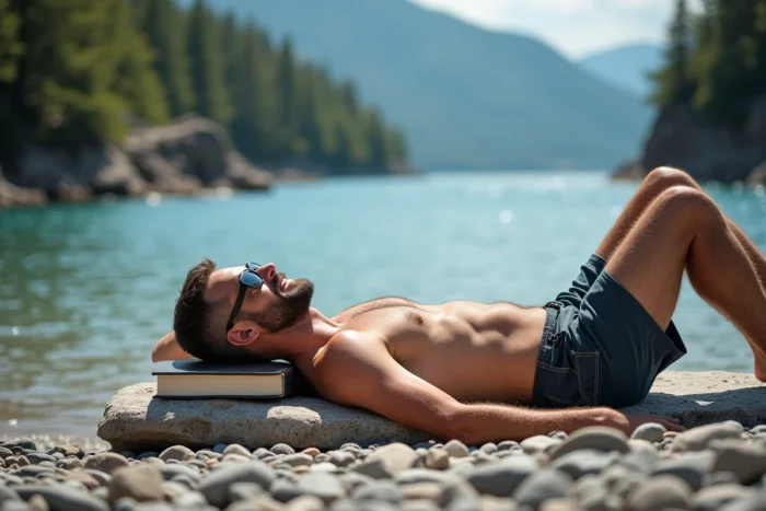 Homme se reposant sur un rocher plat d'une plage de galets isolée au bord du lac du Bourget par une journée ensoleillée