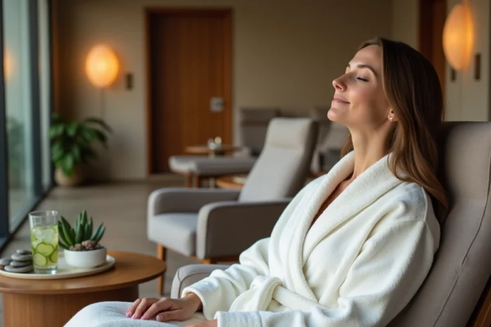 Femme détendue en peignoir blanc savourant un moment de bien-être dans le salon de réception d'un spa