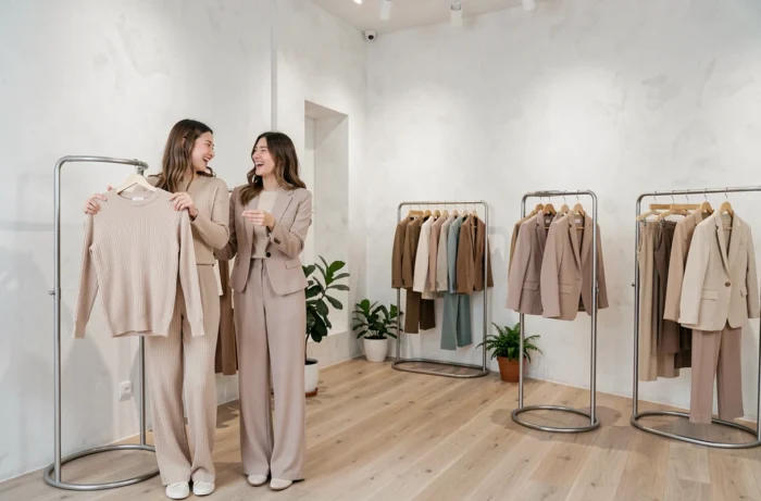 Twee jonge vrouwen in FB Sister-outfits verkennen een minimalistische modewinkel, trendy winkelomgeving