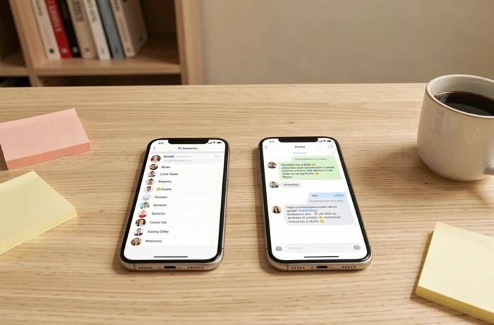 Deux smartphones posés sur un bureau montrant une liste de contacts bloqués et une conversation SMS, illustrant comment recevoir des messages d'un contact bloqué