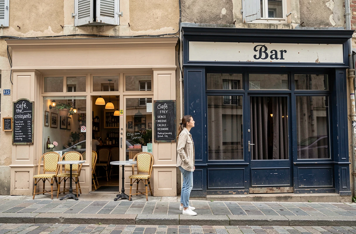 Femme hésitant entre l'entrée d'un café traditionnel et celle d'un bar sur une rue de province française, façades côte à côte
