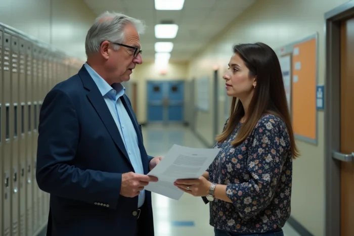Directeur d'école discutant d'un signalement officiel avec une enseignante dans un couloir scolaire
