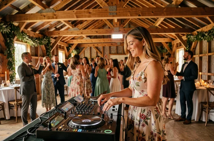 DJ femme en robe fleurie animant une piste de danse lors d'un mariage dans une grange décorée de guirlandes végétales