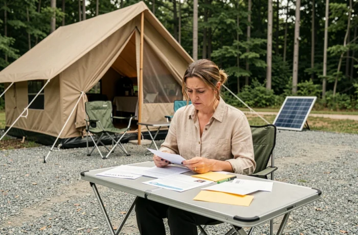 Femme consultant des documents administratifs sur un terrain de loisir non constructible avec tente glamping