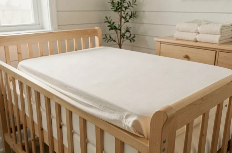 Drap housse en coton bio blanc installé sur un matelas de berceau en bois dans une chambre de bébé apaisante