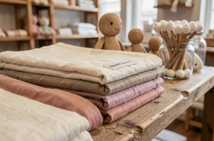 Draps housses en coton bio pour bébé pliés sur une étagère en bois dans une boutique française spécialisée