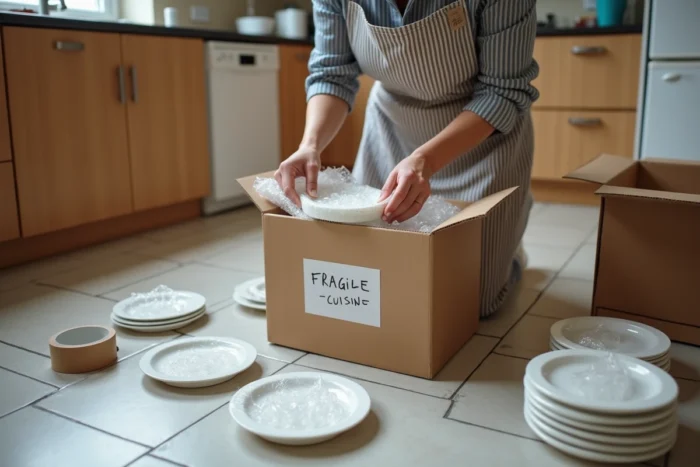 Une femme emballe soigneusement des assiettes et verres fragiles avec du papier bulle dans des cartons étiquetés par pièce