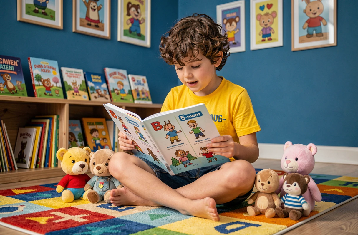 Enfant lisant une encyclopédie de personnages de dessin animé commençant par B dans une chambre colorée et imaginative