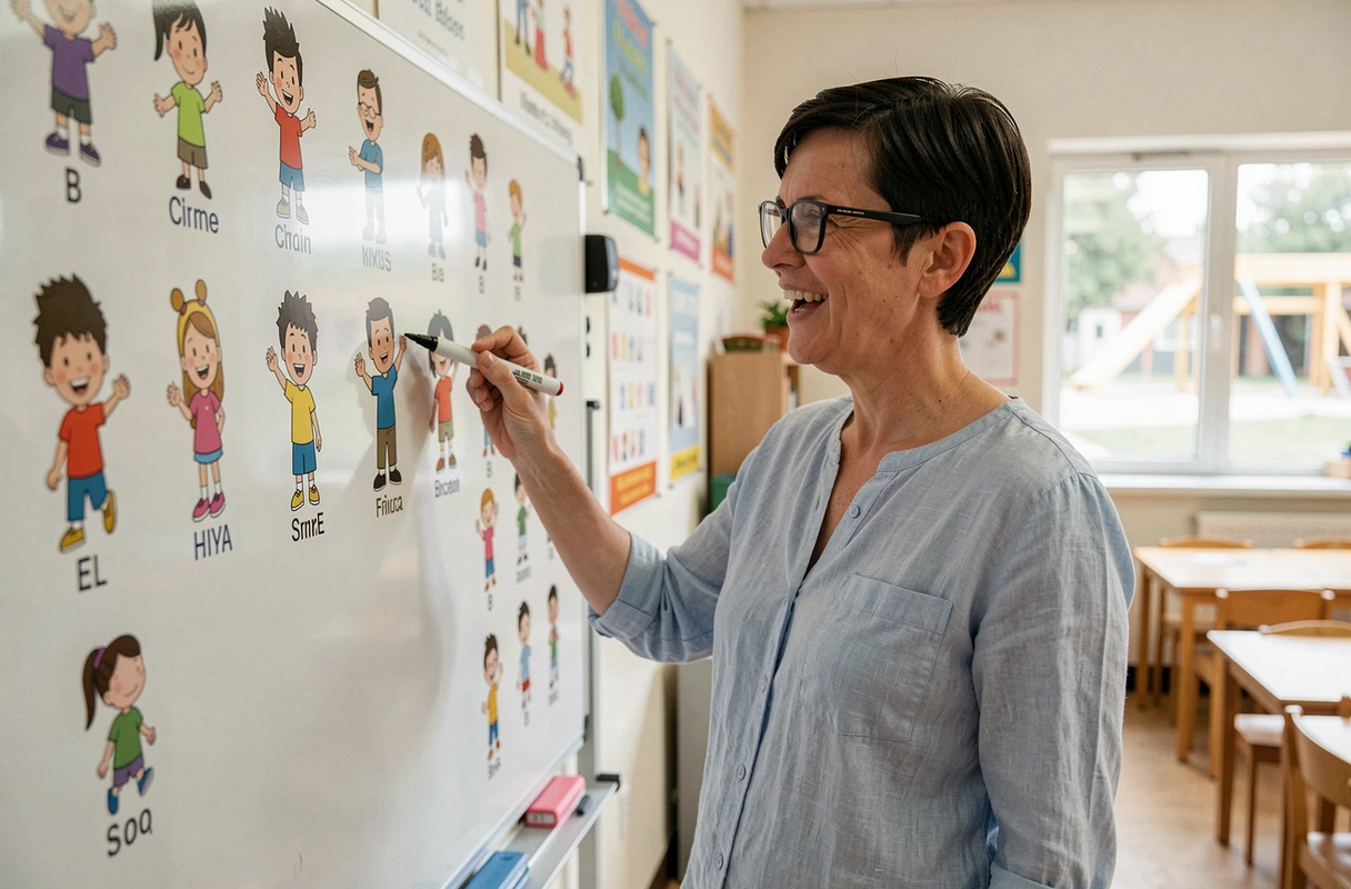 Enseignante présentant des personnages de dessin animé en B sur un tableau blanc dans une salle de classe créative
