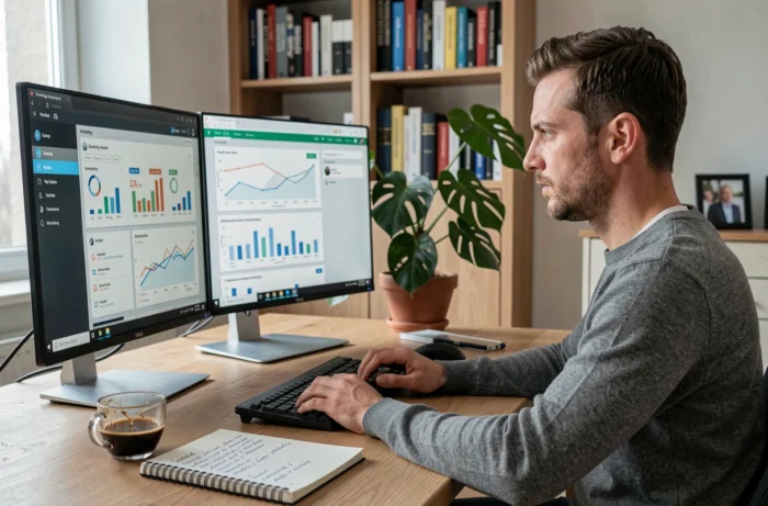 Entrepreneur masculin analysant une stratégie de marketing digital sur un double écran dans un bureau à domicile minimaliste