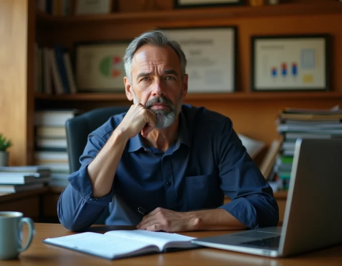 Entrepreneur concentré sur l'évaluation de la valeur de son entreprise devant un ordinateur portable avec des données financières