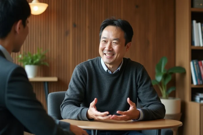 Entrepreneur expert en intelligence artificielle accordant une interview dans un espace de travail moderne et minimaliste