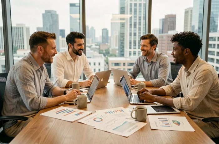 Équipe marketing diversifiée analysant des rapports de campagne et des tableaux de bord numériques autour d'une table de conférence en bois