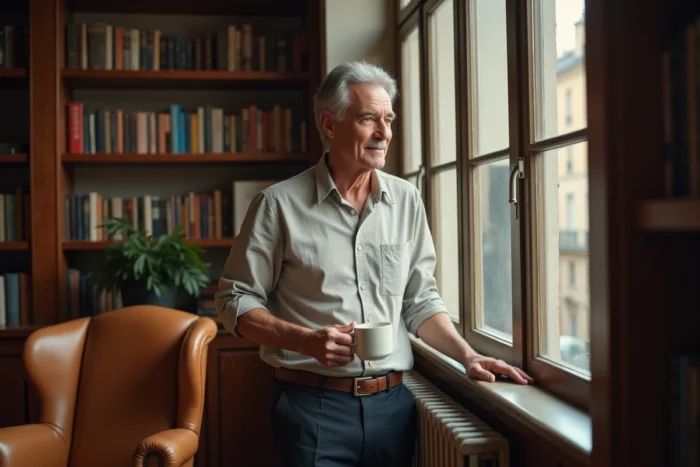 Homme distingué tenant une tasse de café près d'une fenêtre dans un appartement parisien décoré de livres, illustrant l'intimité et le cadre de vie d'Éric Jean-Jean