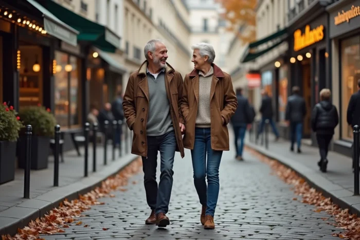 Couple élégant se promenant sur les pavés d'une rue parisienne en automne, illustrant la vie de couple et l'intimité d'Éric Jean-Jean