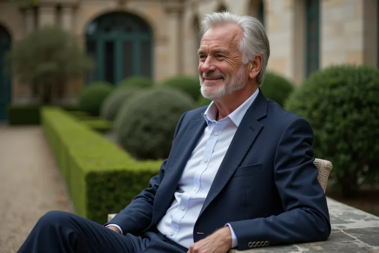 Portrait d'un homme élégant dans la cinquantaine assis dans un jardin parisien, évoquant la vie privée et l'intimité d'Éric Jean-Jean