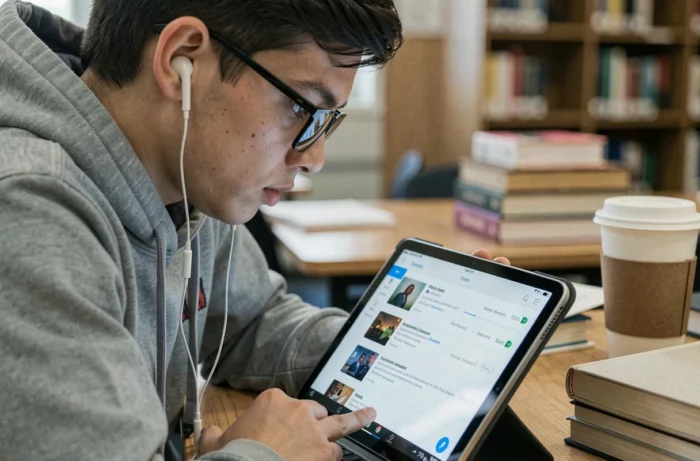 Étudiant gérant sa playlist MP3 convertie depuis YouTube sur une tablette en bibliothèque
