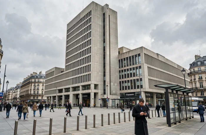 Façade extérieure du centre commercial Maine Montparnasse et sa tour emblématique à Paris