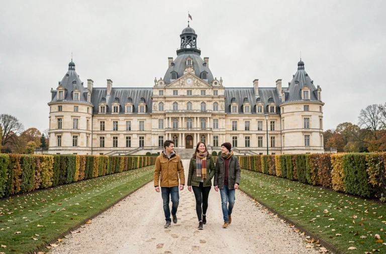 Famille se promenant sur l'allée principale du château de Chambord en automne, accès gratuit aux jardins