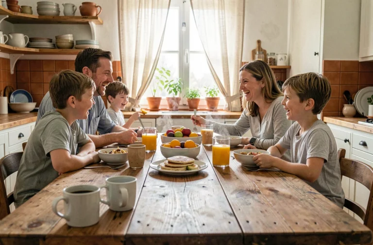 Famille épanouie partageant un petit-déjeuner convivial autour d'une table en bois dans une cuisine rustique chaleureuse