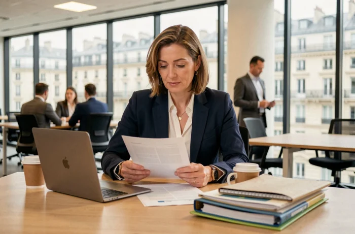 Femme d'affaires française en blazer marine consultant des documents dans un bureau moderne avec vue sur Paris