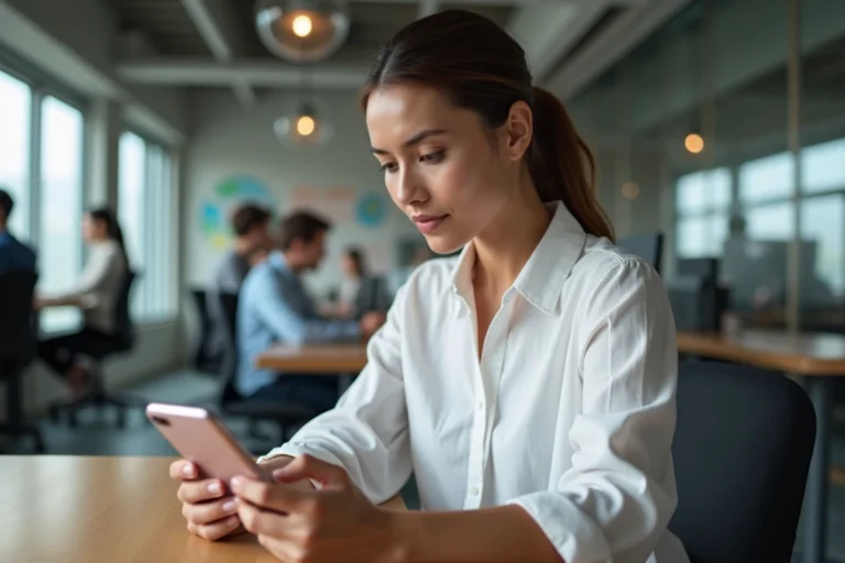 Femme dans un bureau moderne examinant un smartphone pliable, symbolisant les innovations technologiques en 2024