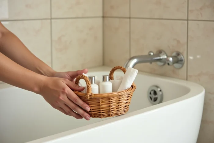 Femme de chambre déposant un panier d'articles de toilette offerts par l'hôtel au bord d'une baignoire