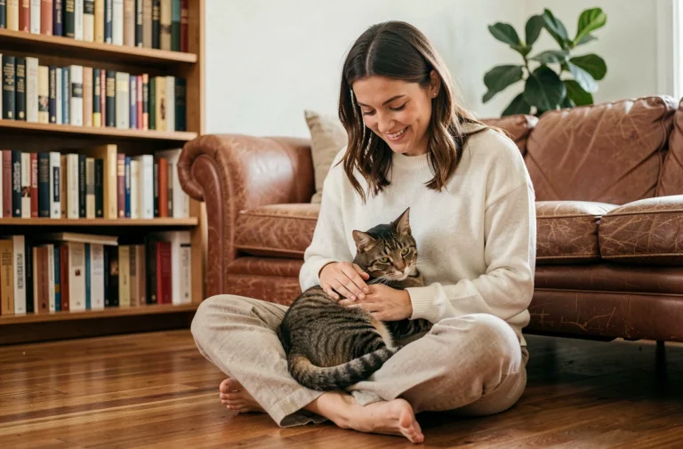 Femme souriante caressant un chat tigré sur ses genoux dans un salon cosy aux tons chauds