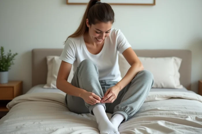 Femme assise sur un lit en train d'enfiler ses chaussettes en identifiant le repère coloré pour distinguer gauche et droite