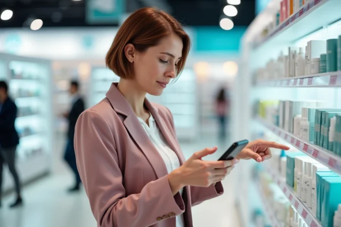 Femme en pharmacie comparant des informations sur son smartphone avec les étiquettes de produits cosmétiques en rayon
