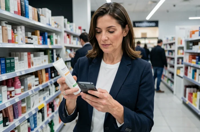 Femme comparant un produit cosmétique en pharmacie avec des avis beauté consultés sur son téléphone