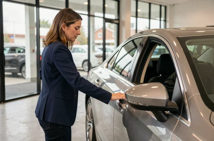 Femme examinant une voiture moderne dans une concession automobile, tendances et conseils pour choisir sa prochaine voiture