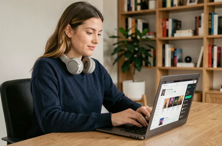 Jeune femme utilisant un convertisseur YouTube MP3 sur son ordinateur portable dans un bureau à domicile moderne