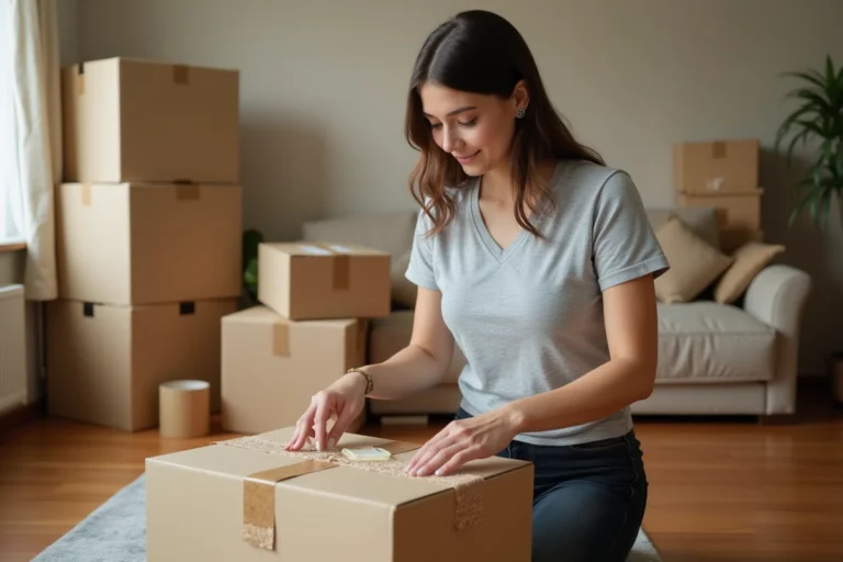 Femme emballant des cartons de déménagement avec soin dans un salon en cours de vidage