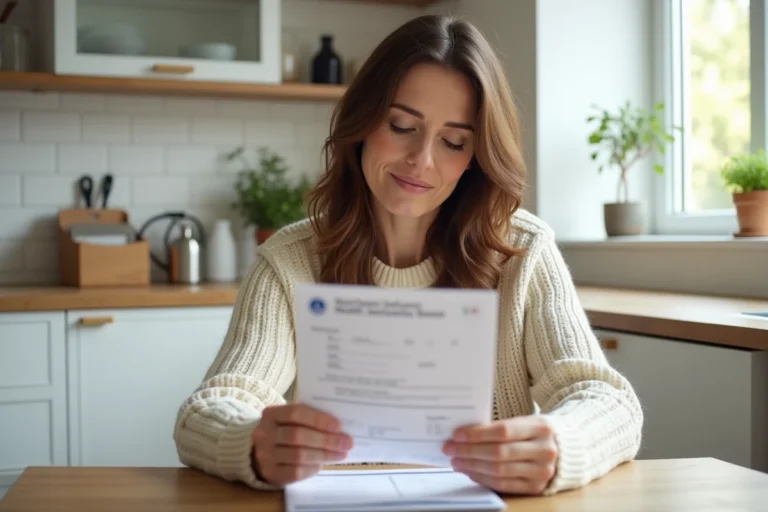 Femme consultant des documents de santé et une mutuelle à la maison pour réduire ses dépenses médicales