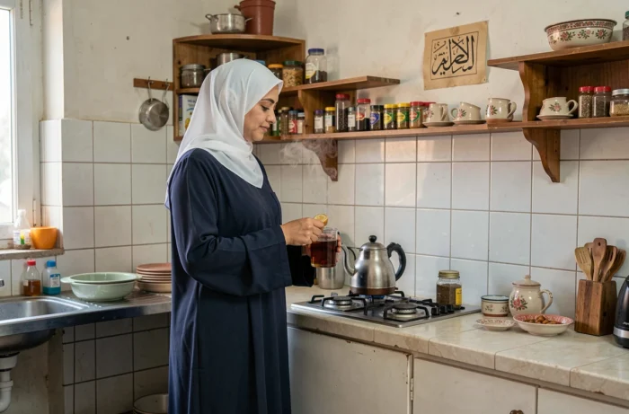 Femme musulmane en abaya préparant du thé dans sa cuisine, représentant l'autonomie et la vie quotidienne d'une femme musulmane vivant seule