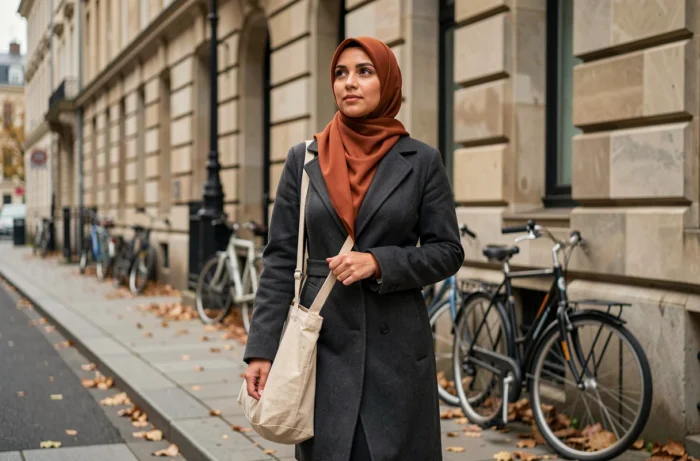 Femme musulmane marchant seule dans une rue européenne avec un hijab rouille et un manteau gris, symbolisant l'indépendance et la liberté de la femme musulmane en milieu urbain