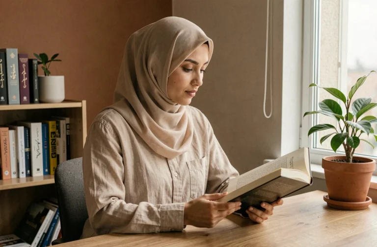 Femme musulmane portant un hijab beige lisant un livre dans son appartement, illustrant la vie indépendante et la réflexion personnelle