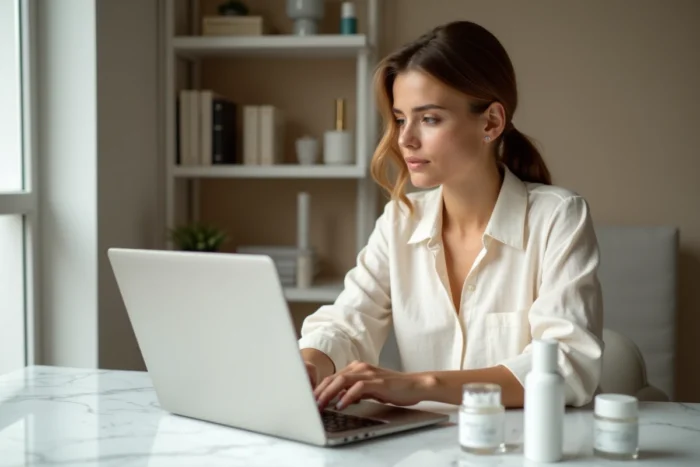 Femme naviguant sur un site beauté depuis un bureau minimaliste avec des produits de soin posés à côté d'un ordinateur portable