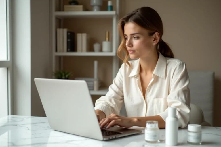 Femme naviguant sur un site beauté depuis un bureau minimaliste avec des produits de soin posés à côté d'un ordinateur portable
