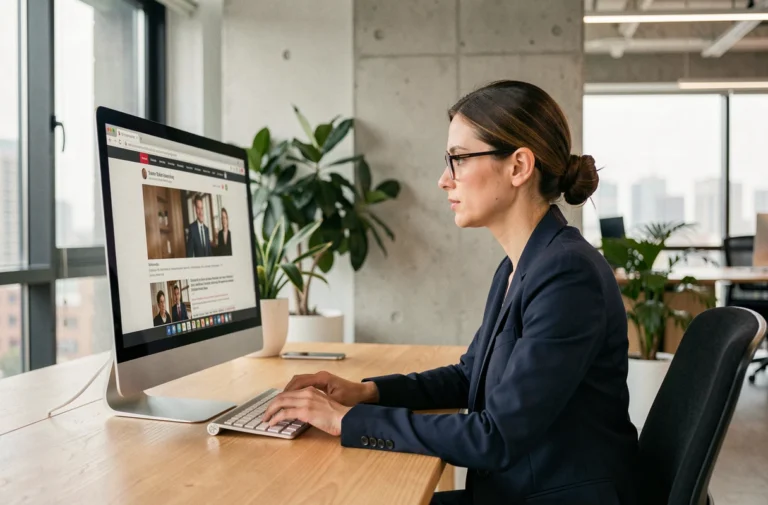 Femme professionnelle consultant le site world-24.eu sur un ordinateur de bureau dans un bureau moderne