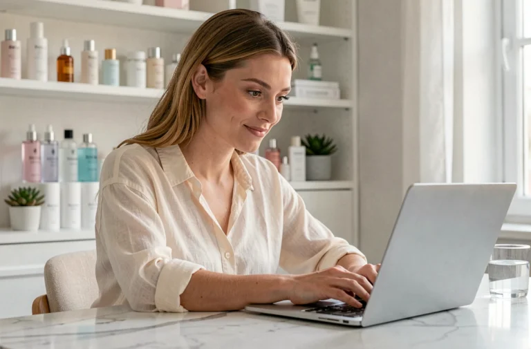 Jeune femme parcourant des produits beauté tendance sur un ordinateur portable dans un bureau minimaliste au style scandinave